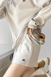 Waffle Long Sleeve Hoodies O Neck Sweatshirts Women Shorts Two Piece Set Knee Length Summer Elastic Waist