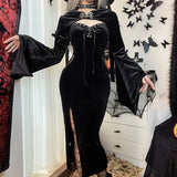 Halloween New Women's Dress Dark Temperament Hat Horn Sleeve Spider Web