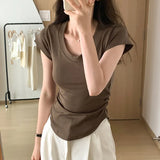 And Feel Waist Solid Color V-Collar Short-Sleeved T-Shirt Women's New Summer Side Wrinkle Slim To Show The Trend Of Thin Short-Style