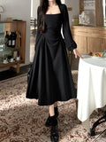 Elegant Party Casual Lady Long Dresses Retro Folds Puff Sleeves Fashionable Sexy Design Slimming Waist Green Dress 211-0-Outfit