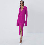 LongSleeve Bodycon Knitted Maxi Sweater Long Dress Lady Elegant Female Turn Down Collar Midi Split Slim Dresses