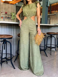 New Summer Solid Women Jumpsuit Sleeveless O-neck Naked Waist Wide Leg Long Pant Bodysuit Fashion Fit Casual