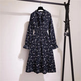 Women Casual Summer Dress Lady Korean Style Vintage Floral Printed Chiffon Shirt Dress Long Sleeve Bow Midi Summer Dress