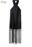 Black Backless Dress Woman Fringed Halter Sexy Party Dress Women Summer Off Shoulder Midi Dresses Evening Dresses For