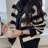 Zingj Waxy Small Fragrant Wind Sweater Coat Female 2024 New Design Sense Small Black And White Striped Knit Cardigan Short Female-Outfit