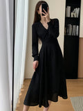 Women Autumn New Elegant Midi Black Dress Solid A Line Femme Fashion Office Lady Sping Clothing