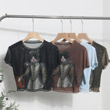 Front Double-Layer Mesh Hot Wood Ear Print Short-Cut Umbilly T-Shirt