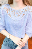 Sleeve Casual Summer Blouse Fashion Embroidered Lace Women's Loose Elegant Blue Tops O Neck Flowers Cotton Shirts