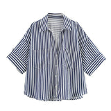 Spring And Summer New Women's Fashion Casual Collar Striped Wide-Sleeved