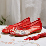 Zingj Shoes Antique Shoes Embroidered Mesh Yarn Single Shoes Round Head Hollow Flat Embroidered Shoes
