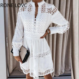 Women Hollow Out Plain Long Sleeve Shirt Dress Casual Dress Summer Mini