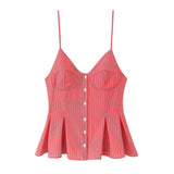 New Women's Dress V-Neck Buckle Solid-Colored Folded Slings Top Women's