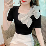 Shot Summer New Square Collar Short Sleeve Bow Bubble Sleeve Design Sense Joker Head Shirt