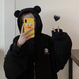 Kawaii Zip Up Hoodie Black Long Sleeve Harajuku Panda Ear Zipper Sweatshirts Girls Korean Fashion Women's Spring
