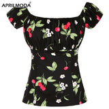 Print Black Blouse Summer Vintage French Female Casual Shirts Pin Up Rockabilly Slash Neck Sexy Women 50S 60S Rock