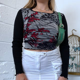 Vintage Fairy Grunge Crop Top Flare Sleeve Autumn Spring Female T-shirt Y2K Graphic Print Kawaii Tee Shirt Women