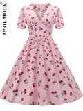 Print Women Vintage Flare Dress Rockabilly 50s Party Robe De Cocktail Pink Jurken Hepburn Retro Swing Dresses