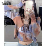 Tie Dye T Shirts Women Fashion O Neck Long Sleeve Female Tops Summer 2021 New Casual Lace Up Ladies Tees+camis