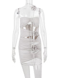 New Tube Mini Dress for Women Festival Celebrity Wear Elegant Sexy Cut Out Mesh Ruched Bodycon Night Club Party