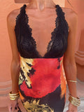 Women Chic Printed Lace Patchwork Long Dress Sexy Off Shoulder Backless V-neck Bodycon Vestidos 2024 Summer Lady Prom Party