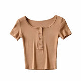 Zingj New Solid Color Four-Button Elastic Basic T-Shirt Summer Women's Short Navel-Missing Short-Sleeved