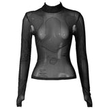 2024 Summer Women's New Sexy Mesh Perspective Thin Half-High Collar Long-Sleeved Bottom
