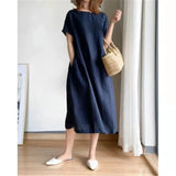 Cotton Linen Loose Dress Summer Fashion Female O-Neck Short Sleeve Solid Color Knee Length Sweet