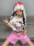 Y2K Aesthetic Pink Shorts Women Hip Hop Streetwear Oversize Wide Leg Jogging Short Sports Pants Print Gym Summer