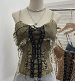 Real Shooting Do The Old Fur Side Of The Denim Splicing Pu Skin Lace Sling Vest Short Without Sleeve Top