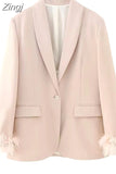 2023 Pink Blazer Woman Fashion Button Jacket With Feathers Long Sleeve Blazer Suits For Women Spring Elegant Womens
