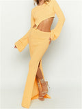 Sexy Women Ruched Hollow Out Long Dress Long Flare Sleeve Crew Neck Backless High Split Dress Cocktail Party