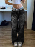 Street Style Irregular Print Slacks Low Waist Pleated Washed For Old Multi-Color Jeans-Outfit