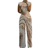 Printed Lace Stitching Sleeveless Round Neck