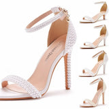 Heel Sandals White Buckle Shoes Fine Heel Fish Mouth Roman Sandals White Pearl