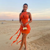 Hollow Out Halter Sleeveless Dress For Women Blue Bodycon Mini Sundress Femme Sexy Hot Party Short Dresses