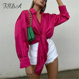 V Neck Elegant Satin Women Blouse Top Green Sexy Bow Tied Oversized 2021 Long Puff Sleeve Casual Vinatge Tops