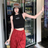 Letter Embroidery Ribbed Cropped Tank TopOutfit