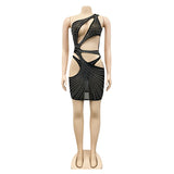 Sexy Black Sequined Crystal Mesh Hollow Out Mini Dress Women Summer One Shoulder Bodycons Party Clubwear
