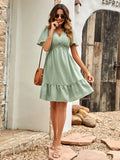 Leisure Spring And Summer New Women's Fresh V Collar Pure Color Lotus Leaf Sleeve Dress