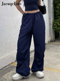 2022 Summer y2k Blue Cargo Pants Womens Outifit Drawstring Baggy Sexy Crop Top and Low Waist Wid Leg Pant Set