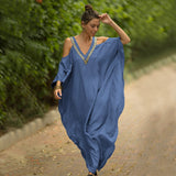 Sexy Cold Shoulder V Neck Bats Sleeve Loose Summer Beach Dress Plus Size Women Beachwear Kaftan Black Dress