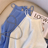 Ice Silk Knitted Sling Vest Women's Summer French Sweet Spicy Wind Hollow Hanging Neck Short Sleeveless Cut Shoulder