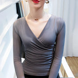 S-3XL Women V Neck Full Sleeve Mesh T Shirts Lady Elegant Elastic Black Base Tops Tees Female