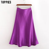summer purple satin skirts womens a-line midi skirts high waist solid color