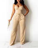 New Pre-fall Women Sexy Zipper Back Cami Top & Wide Legs Contrast Pipping Pants Set Summer Fashion Two Piece Suits