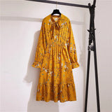 Women Casual Summer Dress Lady Korean Style Vintage Floral Printed Chiffon Shirt Dress Long Sleeve Bow Midi Summer Dress