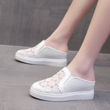 New Baotou Rear Empty Slippers Mesh Breathable Embroidered Sandals Heightened Spot Slippers With Thick