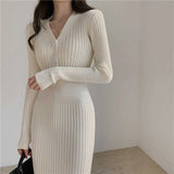 Autumn Winter Women's Woolen V-neck Knitted Party Long Sleeve White Bodycon Casual Dress Elegant Ladies Dresses