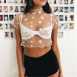 Women See Through Star T Shirts Mesh Crop Tops Fashion Sexy Ladies Short Sleeve Printing Transparent Lace Tees Top Black