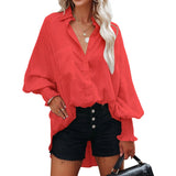 Autumn Streetwear Solid Loose Casual Shirt Female Lantern Long Sleeve Beach Holiday Blouse Button Up All-match Blusa